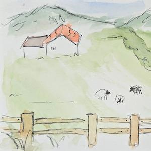 Claire's watercolor painting of a little farm house in green rolling hills with sheep and a fence in front