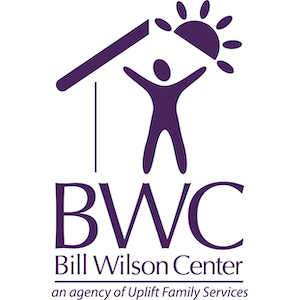 Bill Wilson Center logo is a stick figure in a house with a sun rising above the roofline and the words BWC Bill Wilson Center an agency of Uplift Family Services