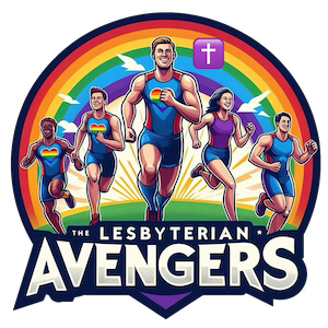The Lesbyterian Avengers team logo is five runners with a rainbow in the background