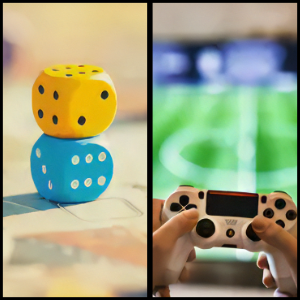 Stock photos side by side with dice on a board game and hands holding a video game controller