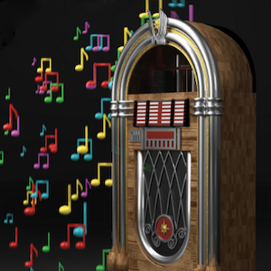 Black background with rainbow music notes coming out of an old-fashioned jukebox