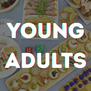 the words YOUNG ADULTS over a faded photo of snacks and games on a table