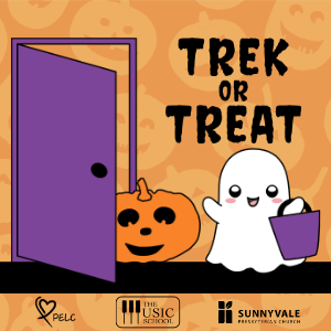 Trek or Treat in spooky Halloween font on an orange background with an open door smiling pumpkin and smiling Kawaii-style ghost with the PELC TMS and SVPC logos underneath