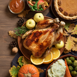 Stock photo of a Thanksgiving dinner table as seen from above