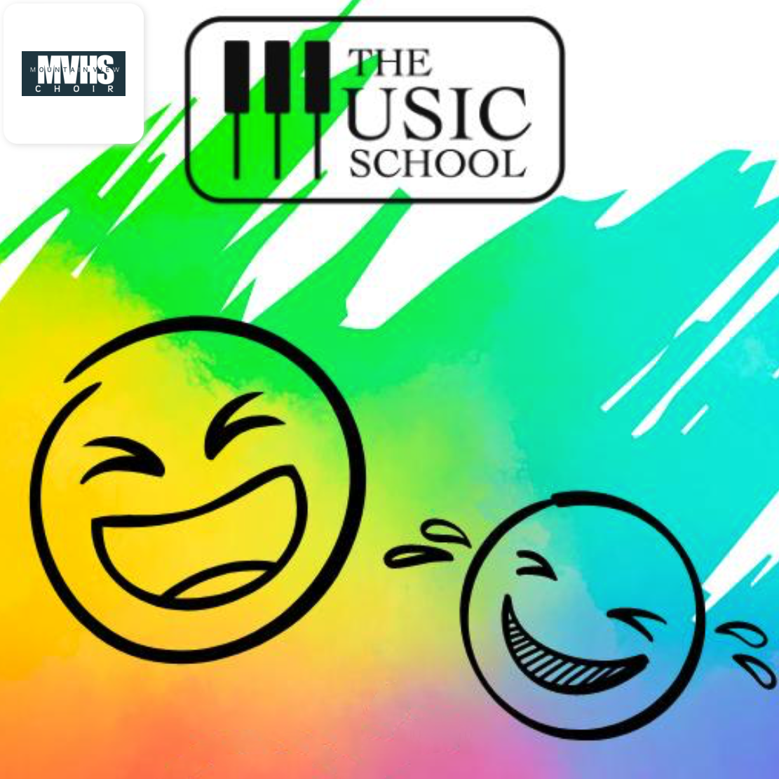Abstract neon-colored background with The Music School and MVHS logos above two smiling laughing clipart faces