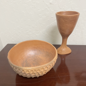 Photo of carved wooden communion chalice and bowl from Indigenous artist in Peru