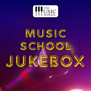 Dark blue purple magenta gradient background with The Music School's logo and the words Music School Jukebox in gold lettering