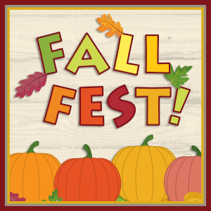 the words Fall Fest in a playful font surrounded by leaves and pumpkins on a wood background