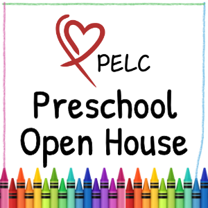 PELC heart logo and the words Preschool Open House surrounded by a crayon border