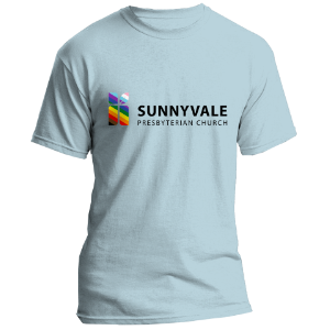 Image of Sunnyvale Pres Pride t-shirt - a light sky blue shirt with the SVPC logo in rainbow colors