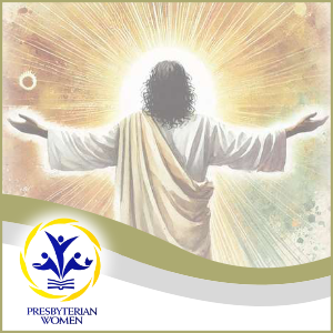 Sketch of Jesus from behind with a glowing sunburst around Him and the PW logo in the corner