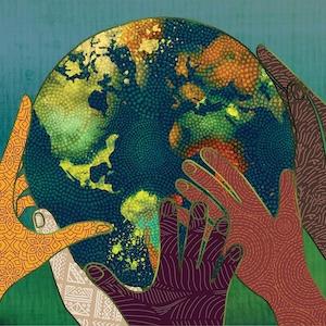 Stylized illustration of diverse hands holding the globe, image courtesy of PC(USA)