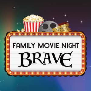 Clipart of Hollywood style marquis sign with text FAMILY MOVIE NIGHT BRAVE and popcorn and movie showing reel above