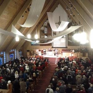 Photo of the SVPC sanctuary filled during worship