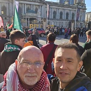 Photo of Pastor Hardy Kim with with Rev Bill Shaw at Belfast City Hall for a demonstration in support of refugees and immigrants