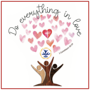 Logo from the 2024 PW Triennial Gathering is three wooden human figures reaching up to a spray of heart shapes and the words Do everything in love