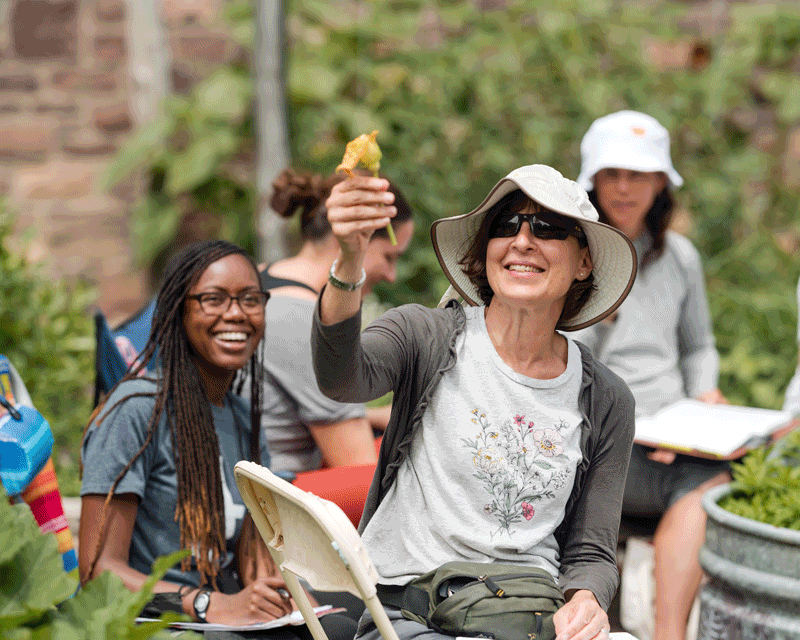 Rotating closeup images educators taking part in outdoor, hands-on workshops at Shelburne Farms