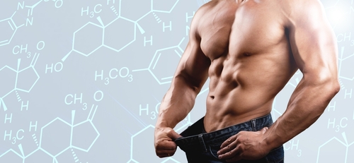 Muscular male torso and testosterone formula against background.