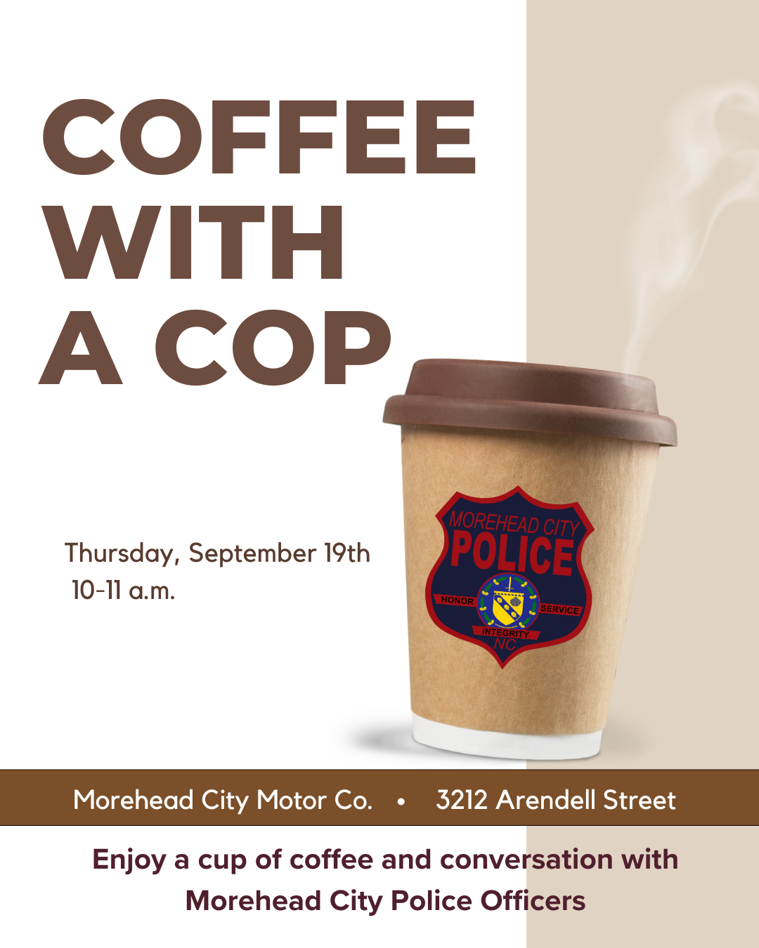 A steaming coffee cup with the MCPD logo on it and text