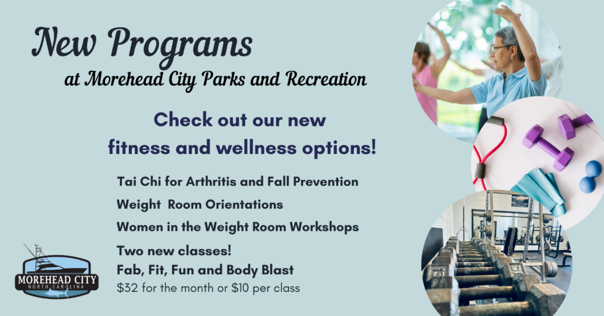 A light blue graphic with three pictures of people working out and fitness gear. The Morehad City logo and text. 