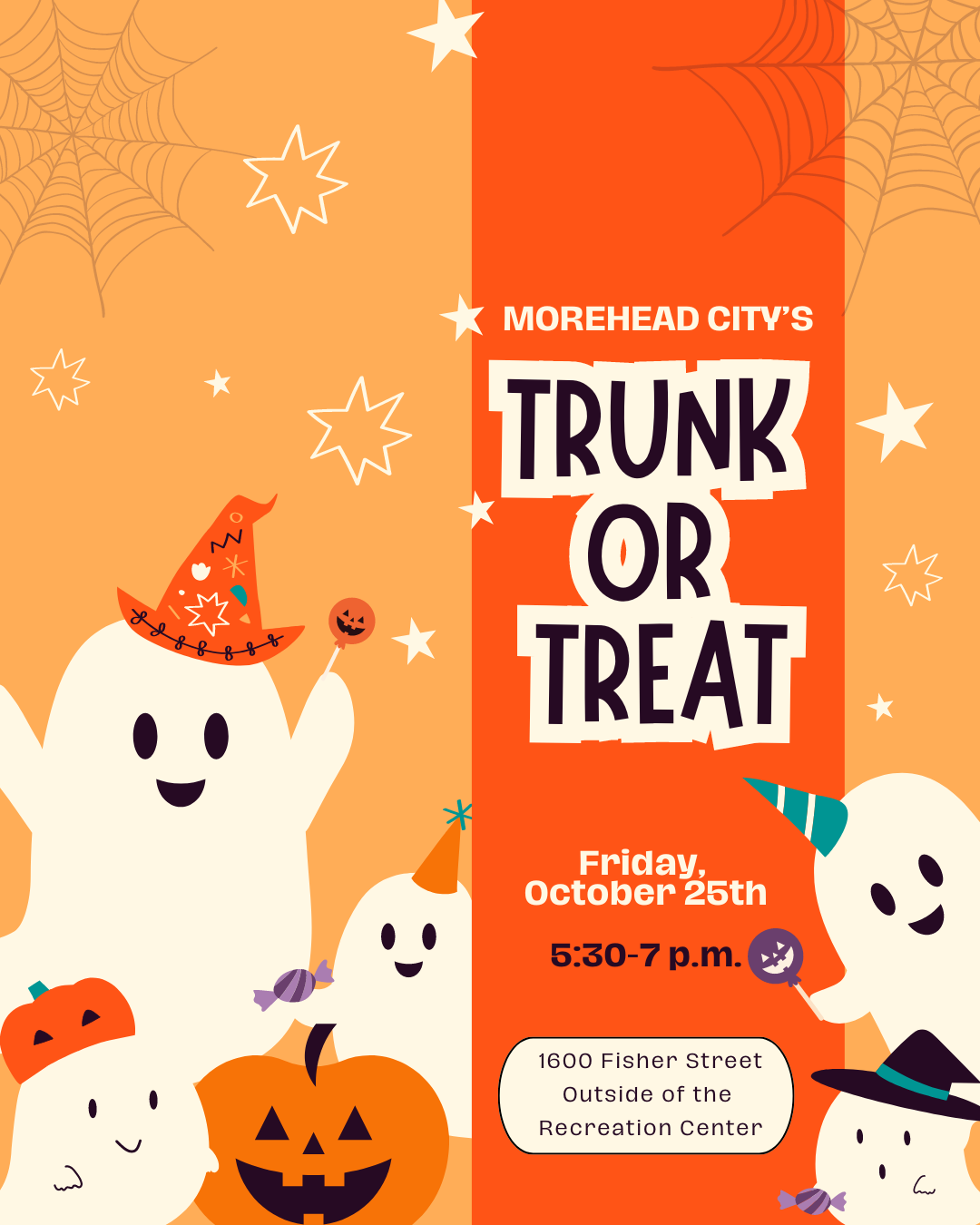 A two toned orange graphic with cartoon ghosts pumpkins and candy. Text overlay