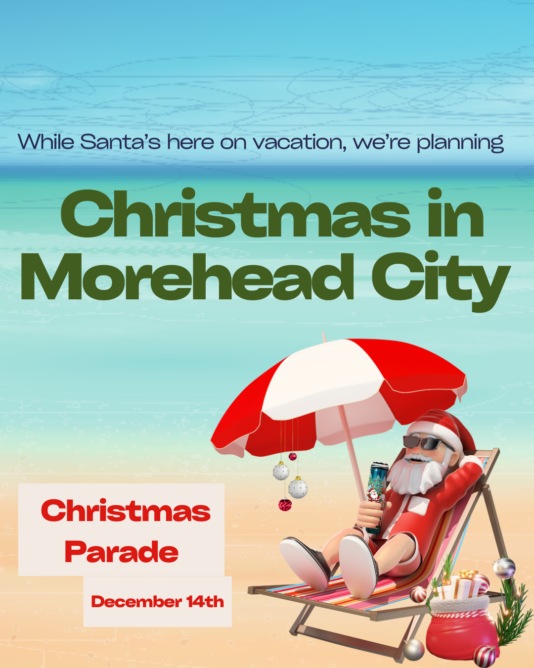 A cartoon beach scene with Santa Claus and text