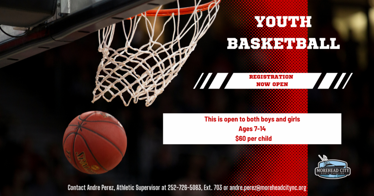 A red and black graphic with a basketball going through a hoop and text. 