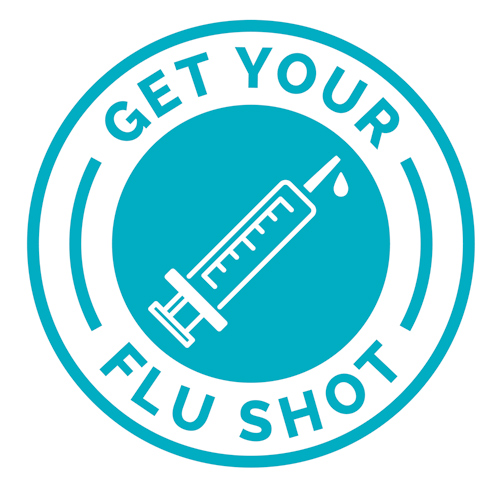 Blue circle with a syrninge in the middle with text that reads_ Get Your Flu Shot