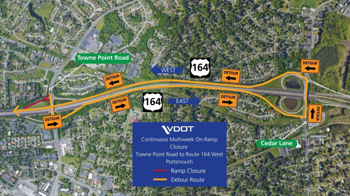 image of map showing detour route from Towne Point Road to Route 164 east to Cedar Lane to Route 164 west as a result of a continuous multiweek closure of the on-ramp from Towne Point Road to Route 164 west