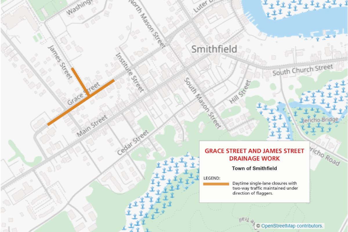Map location of single-lane closures along Grace and James Streets in the Town of Smithfield. 