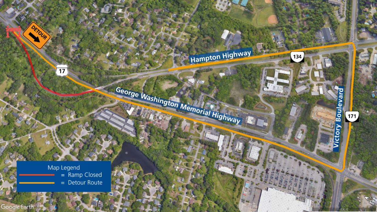 Map showing daytime ramp closures and detour route for Route 134 over Route 17 Bridge Rehabilitation Project