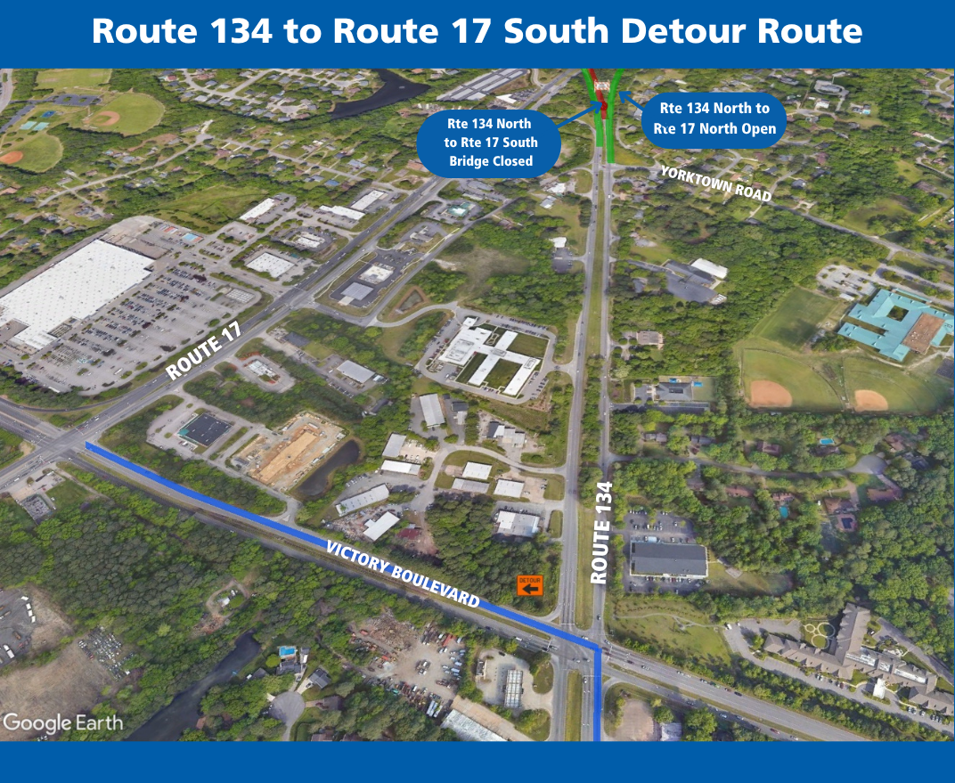 Map showing Victory Boulevard detour route for the Route 134 North to Route 134 South Bridge lane closure.