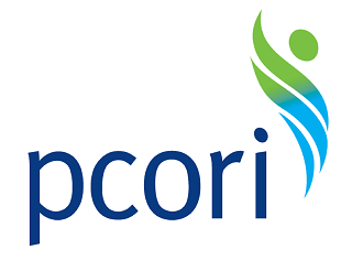 pcori logo. Blue text with green and blue wisp.