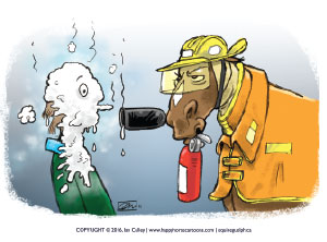 Ian Culley Cartoon of horse with fire extinguisher