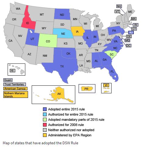 Map Showing states where 2015 Definition of Solid Waste Rule is in Effect