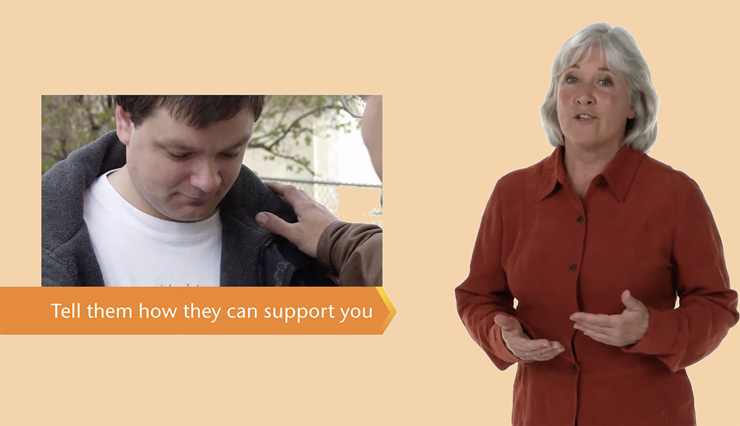 Screenshot from a youtube video from the Arc about dealing with grief. A woman is talking about telling others what they can do to help