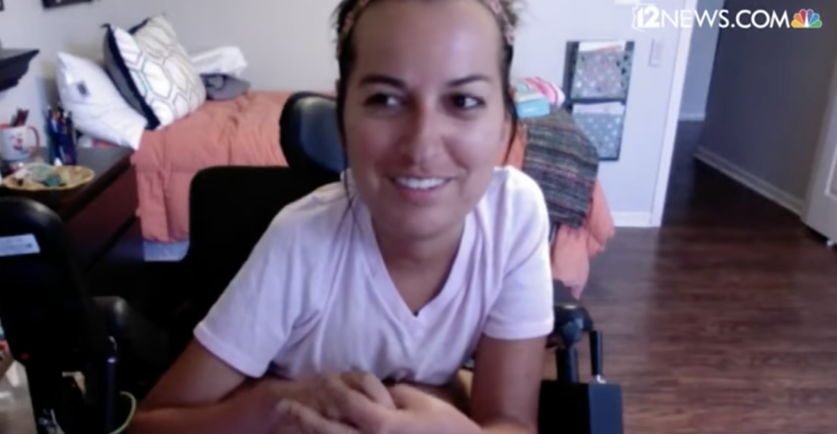 Young woman with disabilities talking about workiong remotely vs working onsite in an office