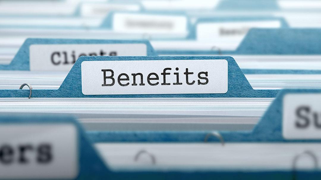 A series of teal colored file folders with one centered, and highlighted, that reads "Benefits"