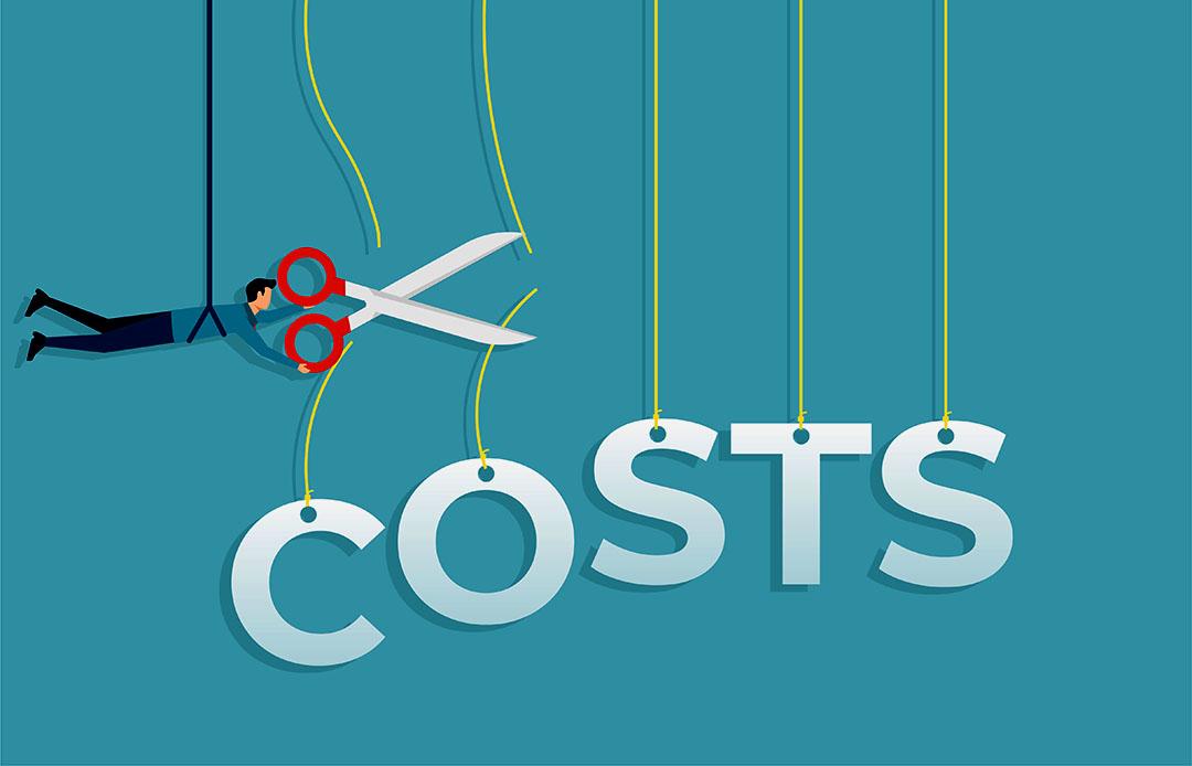 Illutration of the letters of the word COSTS hanging from strings and a tiny man swinging through the strings and cutting them with scissors 