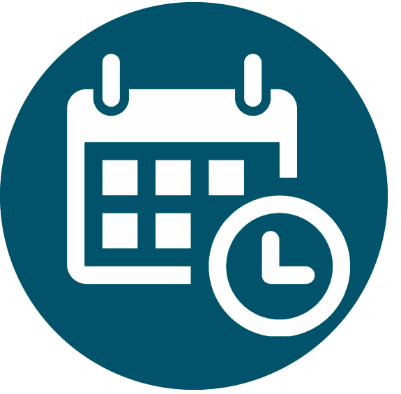 calendar icon in a circle with a small clock at the bottom right