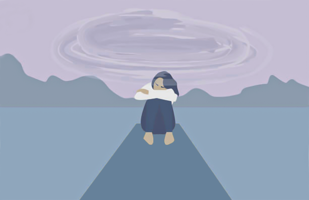 Illustration of a young woman crouched with her arms on her knees and her head down.