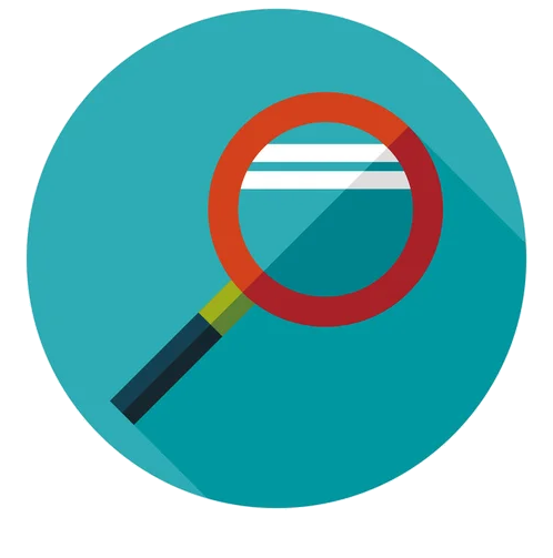 Magnifying glass icon in a teal green circle