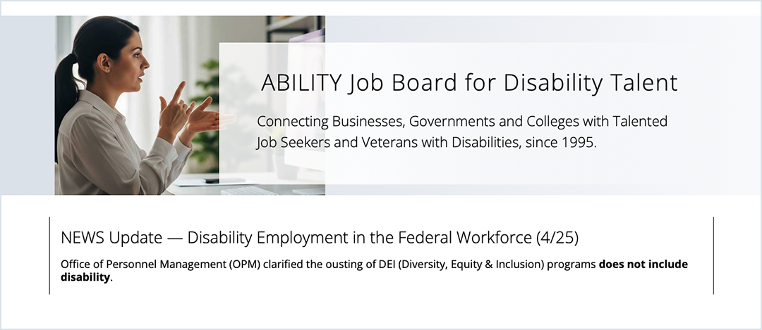 Website Banner image of young woman working at a computer - Ability Job Boards for Disability Talent