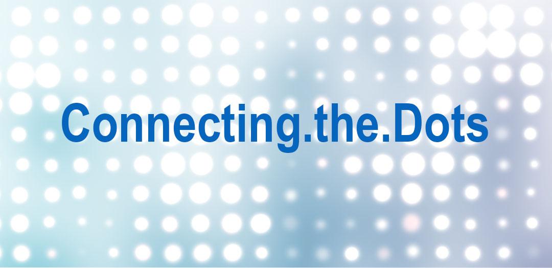 An abstract background of white out of focus dots with the text "connecting the dots" overlaying the image in the center