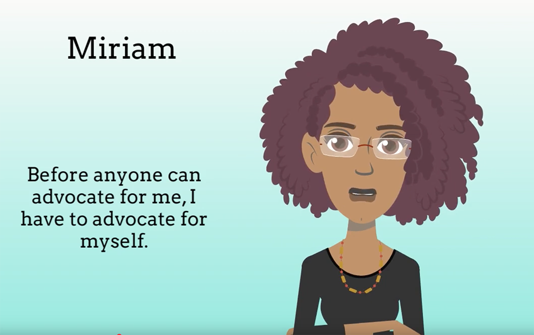 Presentation video screen grab - Animation of an African American female teen talking about advocating for hersely