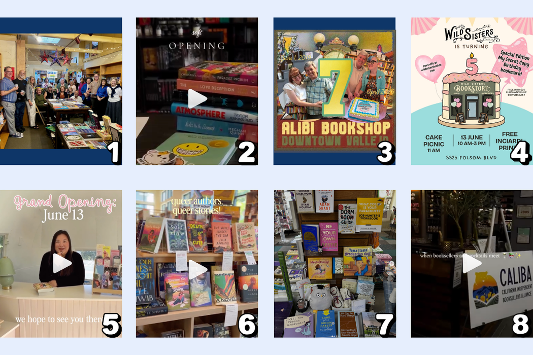 1 - A Great Good Place for Books, in Oakland, hosted a goodbye toast for Kathleen and the store.  2 - Ember & Ink, in Hermosa Beach, commemorated their soft opening. 3 - Alibi Bookshop, in Vallejo, is 7 years old and will be celebrating on Saturday. 4 - Wild Sisters Book Co., in Sacramento, is hosting a cake party (a la Cake Picnic) to ring in 5 years.  5 - The Fleuria, in Los Angeles, gave a sneak peek of their new Airstream in Costa Mesa. 6 - Napa Bookmine is showing off their variety of Pride displays to celebrate love in all its forms. 7 - Towne Center Books, in Pleasanton, has books for grads of all kinds. 8 - Once Upon a Time Bookstore, in Montrose, joined CALIBA and Vroman&rsquo;s Welcome Party ahead of the Pasadena Spring Forum, with book-themed cocktails. 50 Shades of Earl Grey, anyone?
