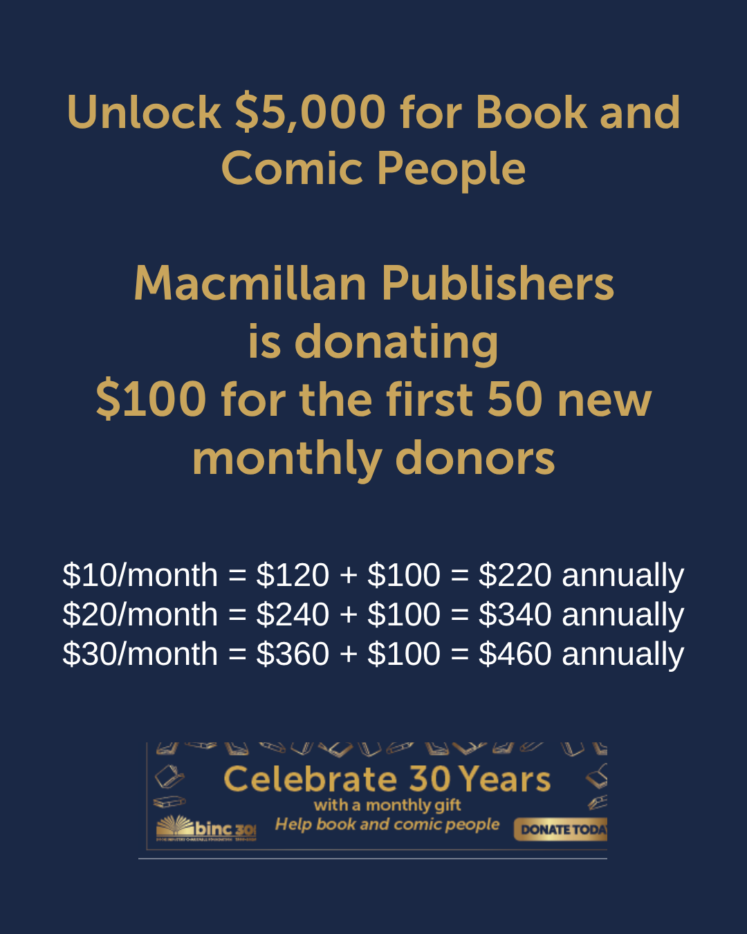 BINC: Celebrate 30 years with a monthly gift. Help book and comic people.