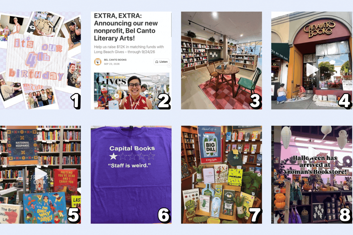 1 - Meet Cute Bookshop, in San Diego, is 4 years old! 2 - Bel Canto Books, in Long Beach, announced their new nonprofit, &ldquo;Bel Canto Literary Arts.&rdquo; 3 - Niebla Librer&iacute;a, in San Francisco, celebrated opening a new brick and mortar store; looks like Christopher&rsquo;s Books attended the opening! 4 - Chevalier&rsquo;s Books, in Los Angeles, made a cute change to the front of their store. 5 - Hispanic Heritage Month: Diesel Bookstore, Vroman&rsquo;s Bookstore, Volumes of Pleasure Books 6 - Capital Books, in Sacramento, has some great new shirts. 7 - Copperfield&rsquo;s Books, has a display celebrating all things pickles, yum. 8 - Vroman&rsquo;s Bookstore, in Pasadena, is more than ready for Halloween.