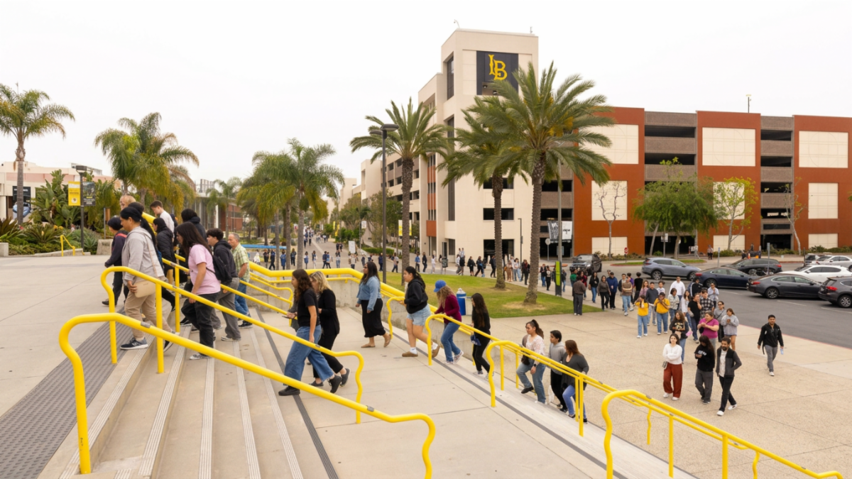 campus visitors walk up steps
