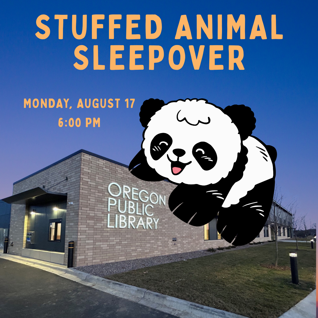 cartoon panda snuggling with the Library building